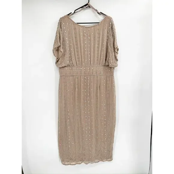 Mac Duggal Beaded Empire Waist Column Cocktail Mocha Midi Dress 16 New